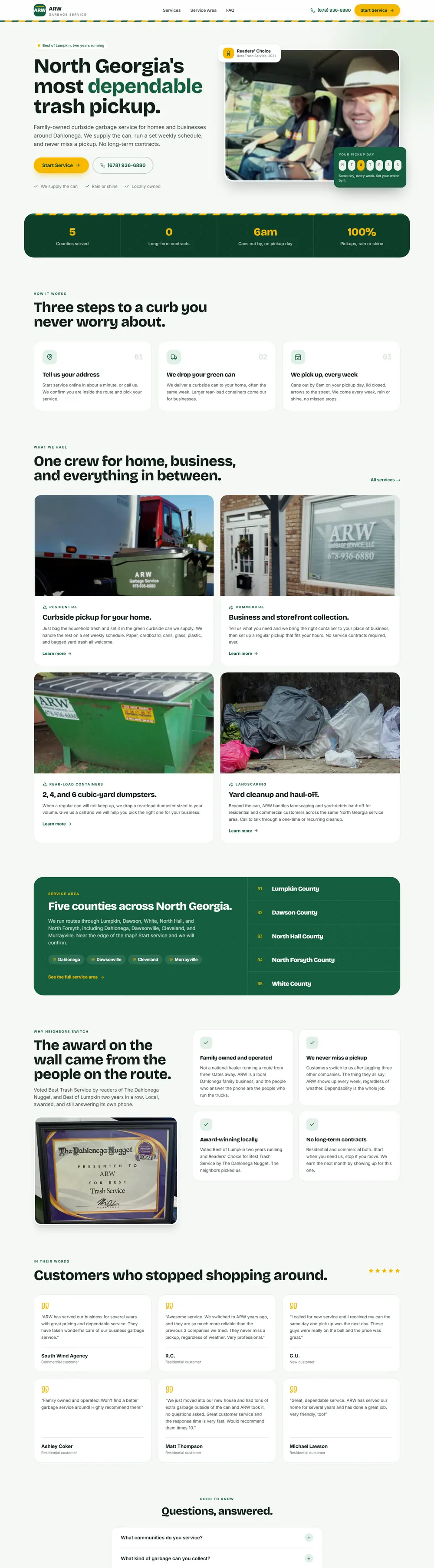 ARW Garbage Service homepage, designed and built by Chimaera Co