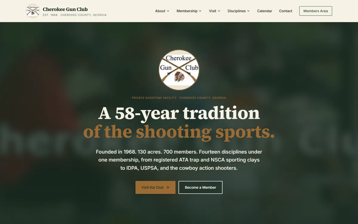 Cherokee Gun Club homepage, designed and built by ChimaeraCo