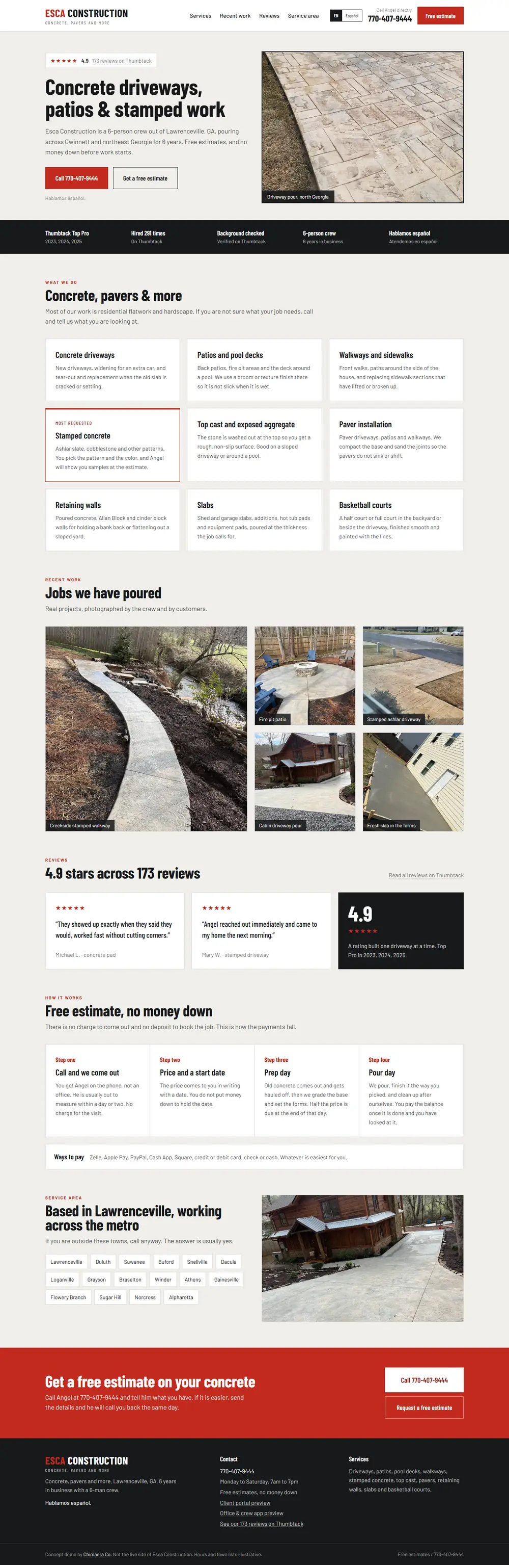 Esca Construction homepage, designed and built by Chimaera Co